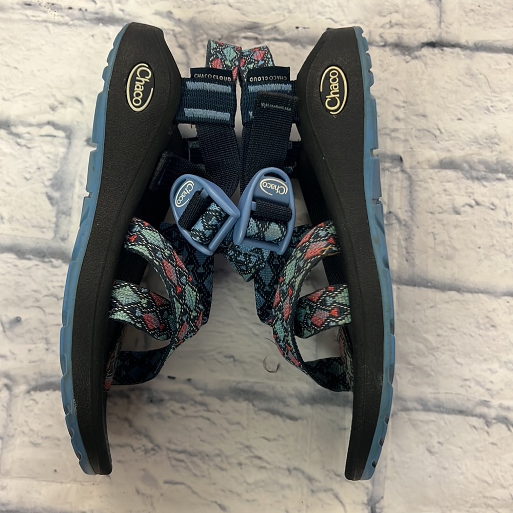 Chaco Women's Black Sandals with Teal and Coral Patterned Straps - Picture 4 of 7